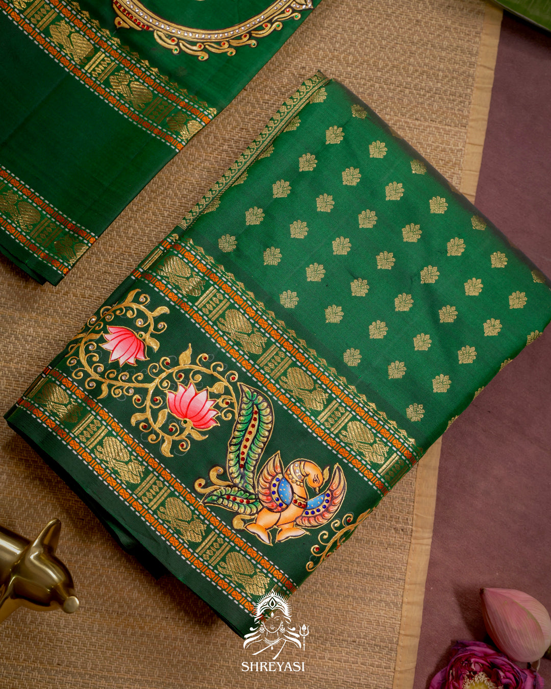 Handloom Pure Kanjivaram Silk Saree in Real Zari with Tanjore Kili and Kamalam Artwork