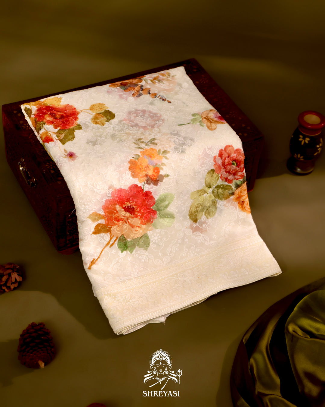 Georgette floral saree with chikankari embroidery