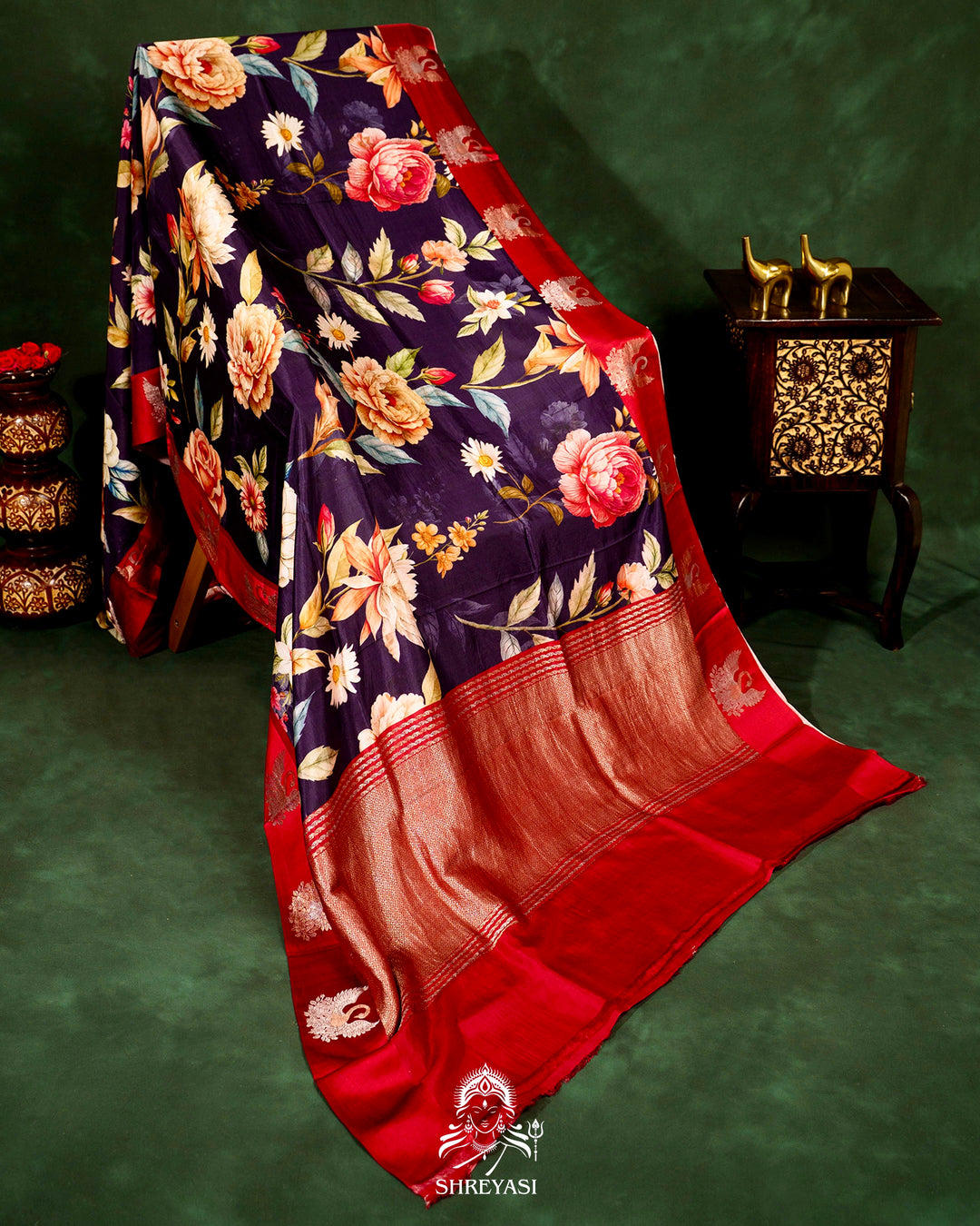 Handloom Pure Banarasi Silk Saree with Floral Print and Mashru Border