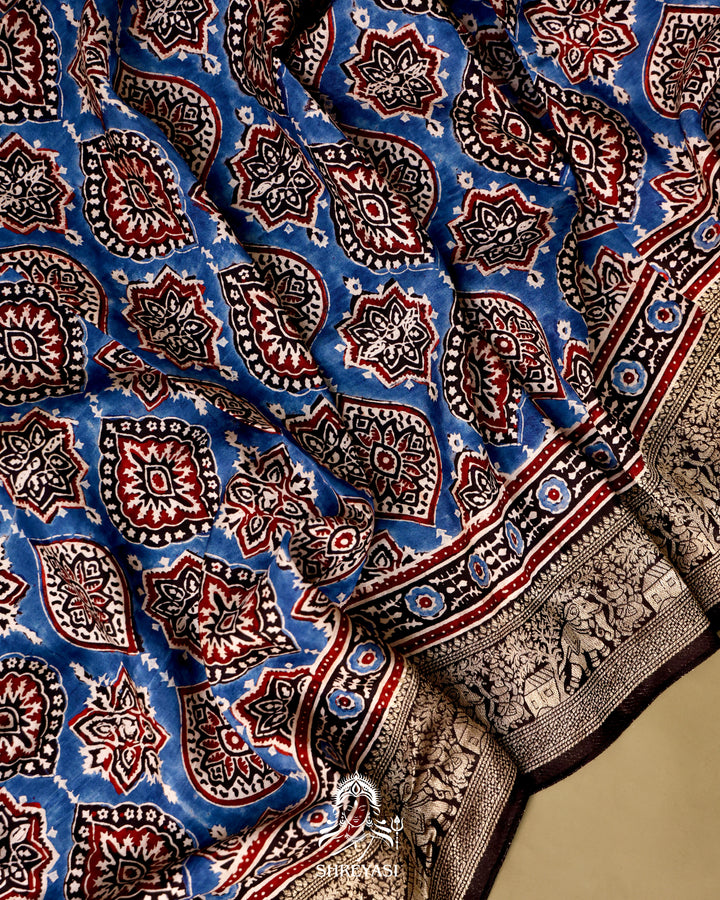 Hand Block Printed Ajrakh Dola Silk Saree with Zari Brocade Blouse