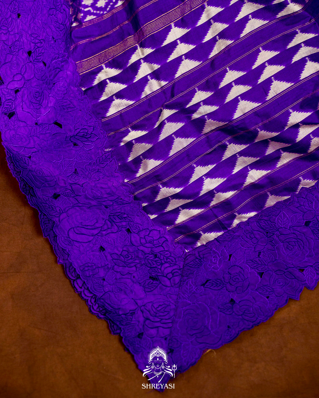 Handloom Pure Patola Silk Saree with Scalloped Floral Appliqué Embroidered Borders
