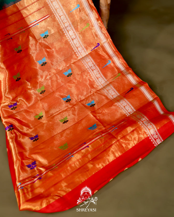 Handloom Pure Gadwal Silk Saree with Paithani Muniya Tissue Borders