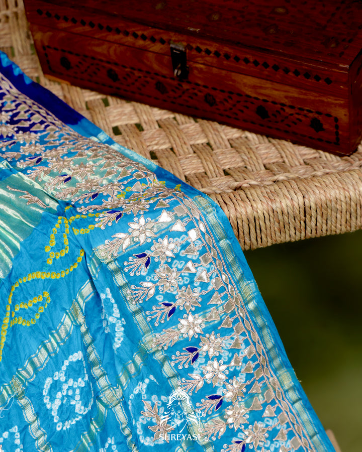 Handloom Pure Gaji Silk Saree with Hand-Knotted Bandhej and Gharchola Pallu with Heavy Gotapatti Embroidery