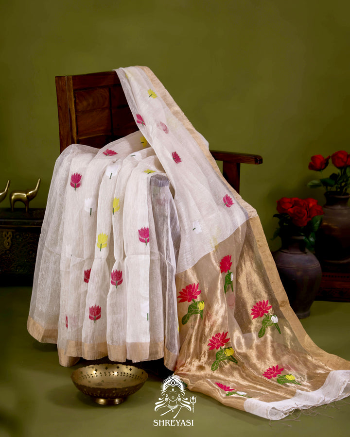Handloom Silk Linen Jamdani Saree with Tissue Paithani Pallu