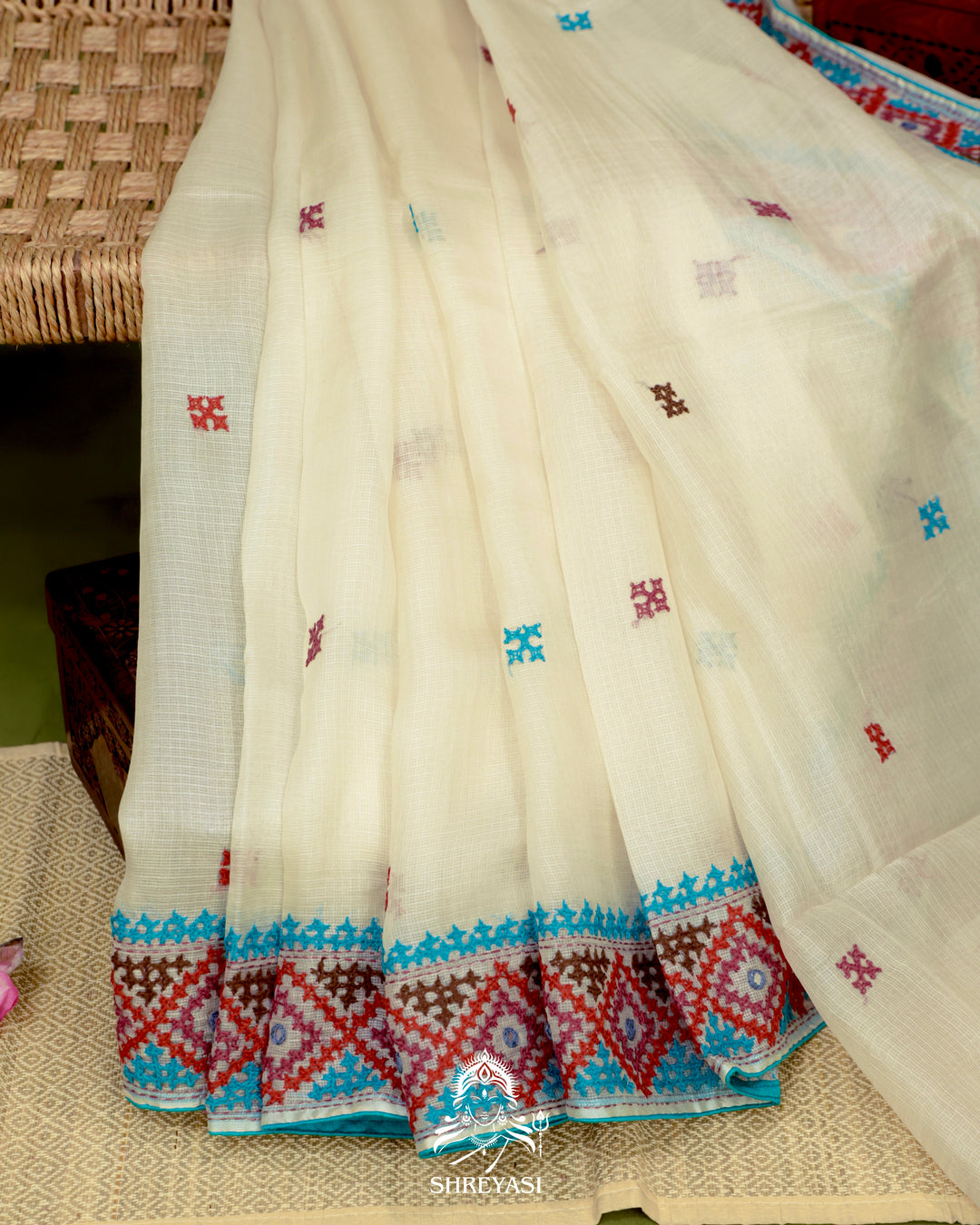 Handloom Pure Tussar Kota Saree with Kutch Hand Embroidery and Mirror Work