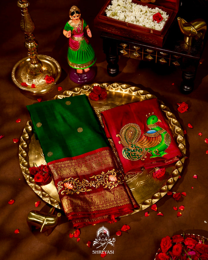 Handloom Pure Kanjivaram Silk Sarees with Real Zari and Hand Painted Tanjore Art