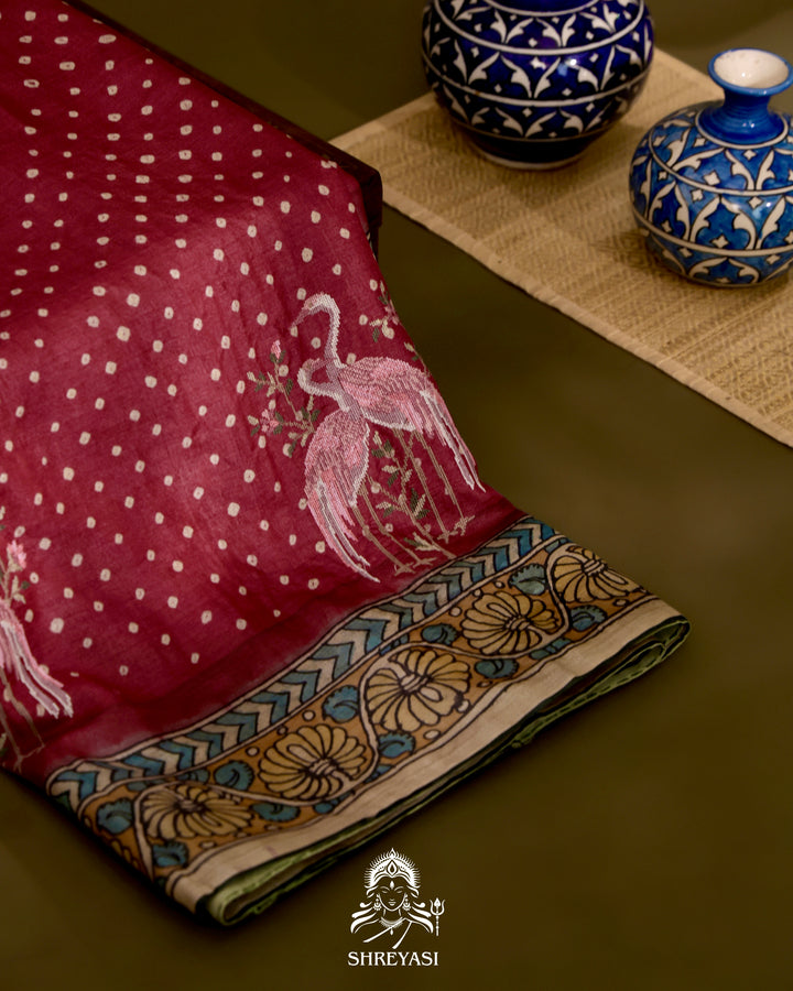 Tussar Silk Bandhej Saree with Pen Kalamkari and Petit Point Embroidery