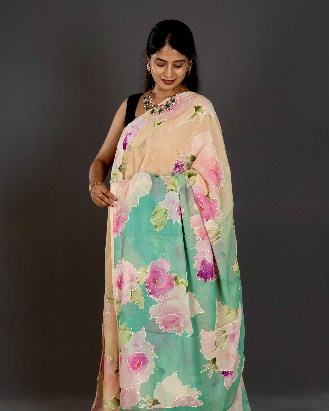 Pure Georgette Floral Saree with Thread Embroidery and Micro Sequins