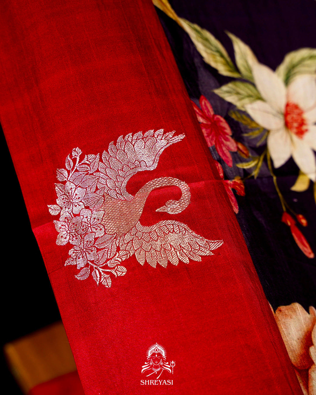 Handloom Pure Banarasi Silk Saree with Floral Print and Mashru Border