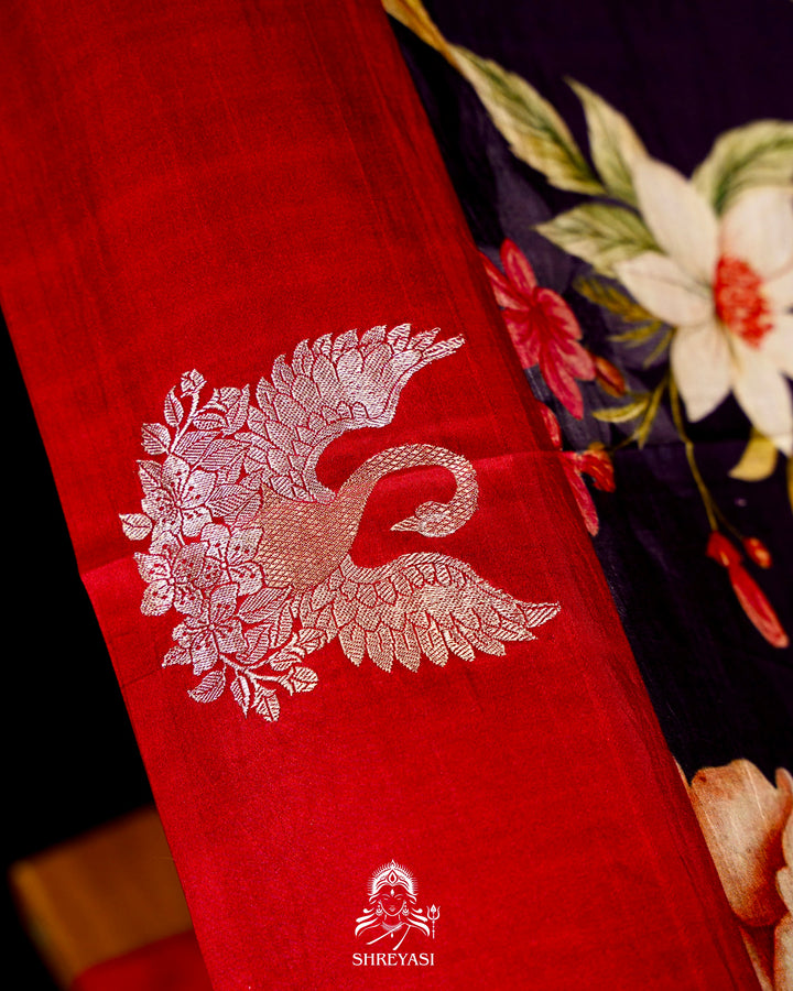 Handloom Pure Banarasi Silk Saree with Floral Print and Mashru Border