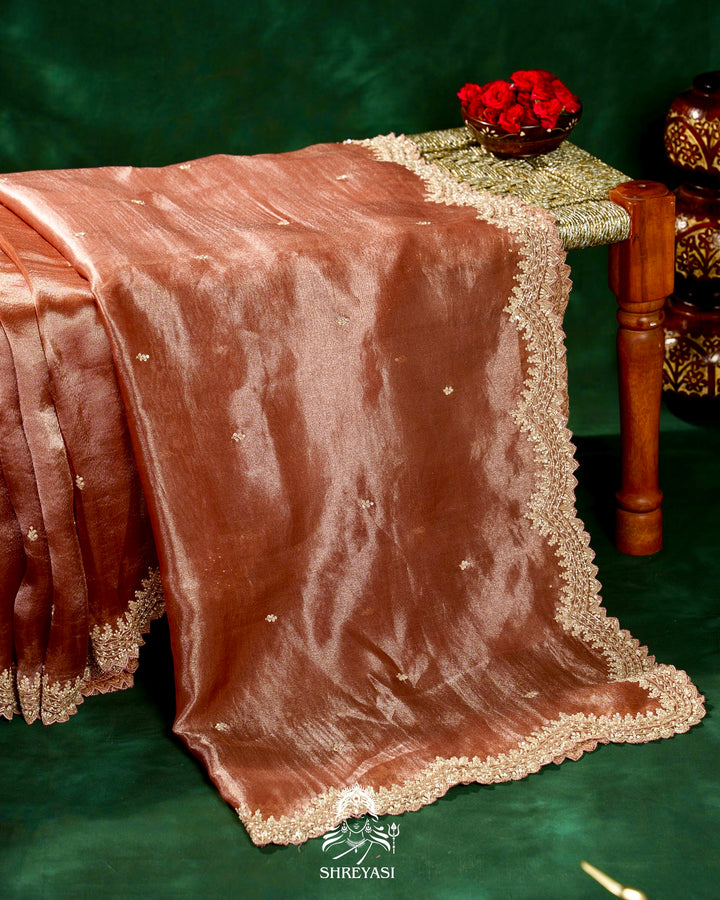 Handloom Pure Banarasi Tissue Silk Saree with Scallop Hand Embroidered Borders and Petit Point Embroidered Blouse