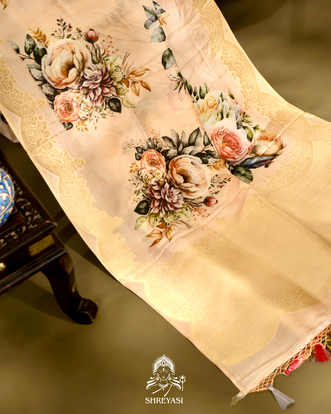 Banarasi Chiniya Silk Saree with Floral Body and Scalloped Zari Border