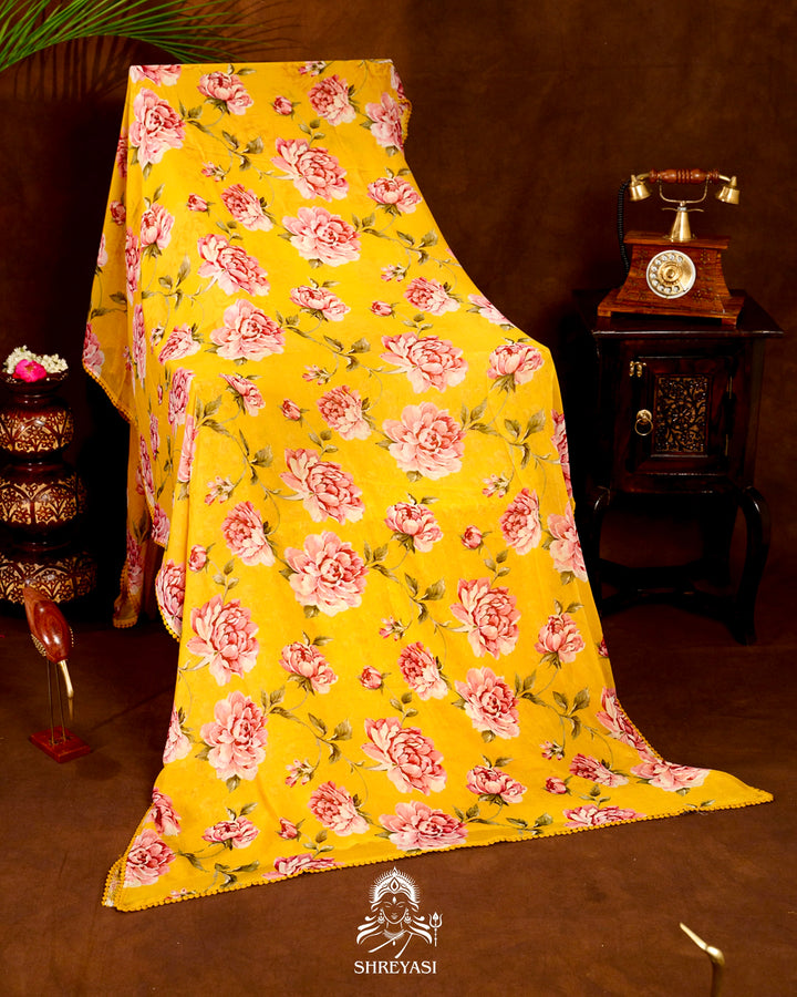 Pure Chiffon Floral Saree with Crochet Embroidery Border