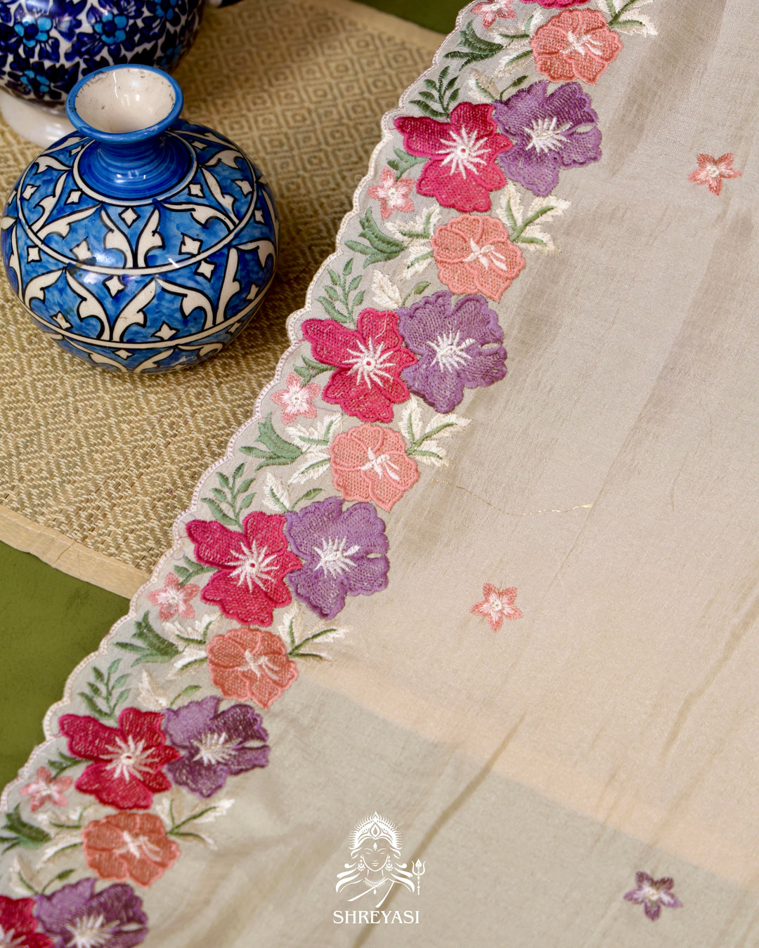Tussar Silk Saree with Resham Floral Embroidery Border
