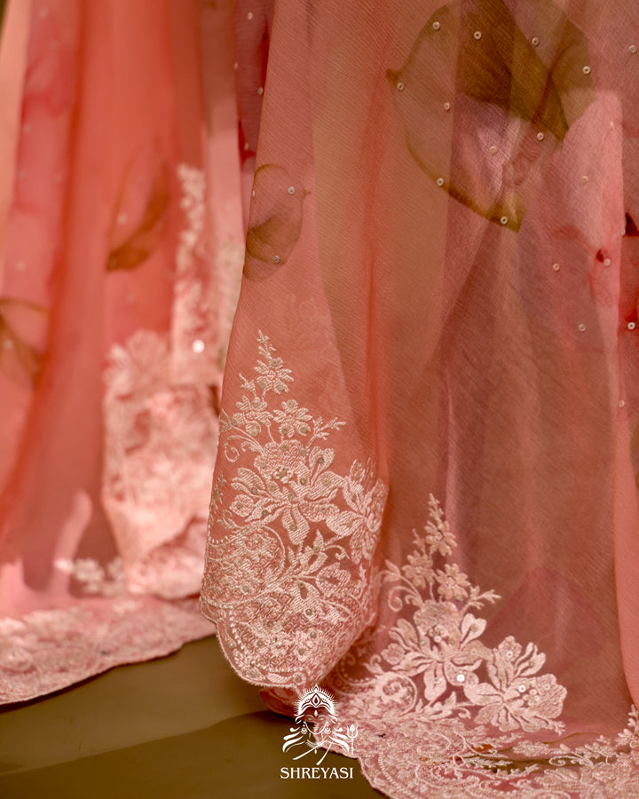 Floral Chiffon Georgette Saree with Scalloped Thread Embroidery