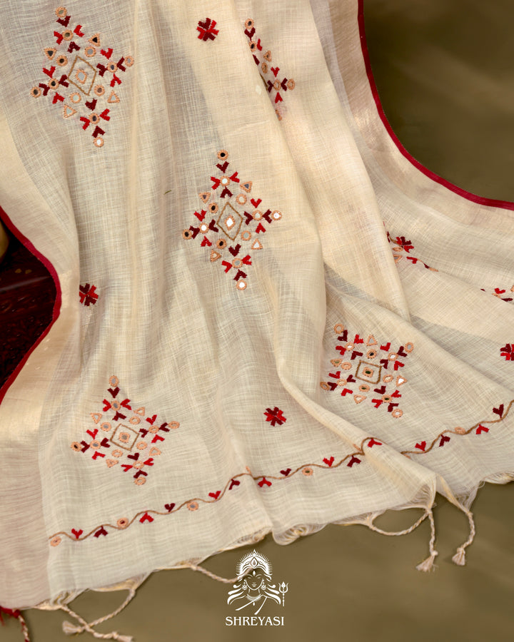 Bengal Linen Tissue Saree with Kathiyawadi Mirror Embroidery