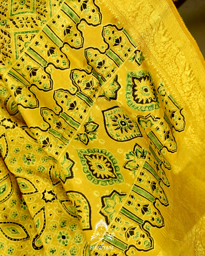 Hand Block Printed Ajrakh Dola Silk Saree with Zari Brocade Blouse