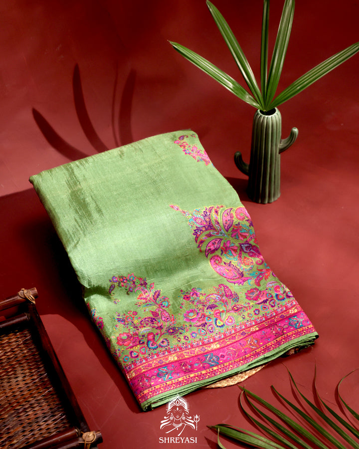 Kashmiri Silk Saree with Multicolour Floral and Paisley Motifs