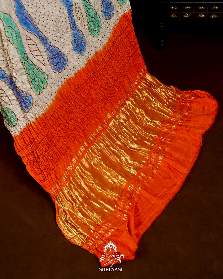 Pure Gaji Silk Designer Saree with Intricate Hand Knotted Bandhej Work
