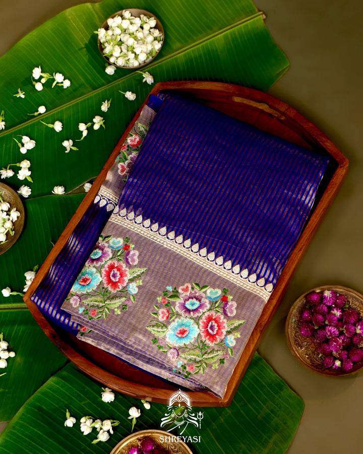 Handloom Banarasi Tissue Stripe Silk Saree with Satin Stitch Floral Embroidered Borders