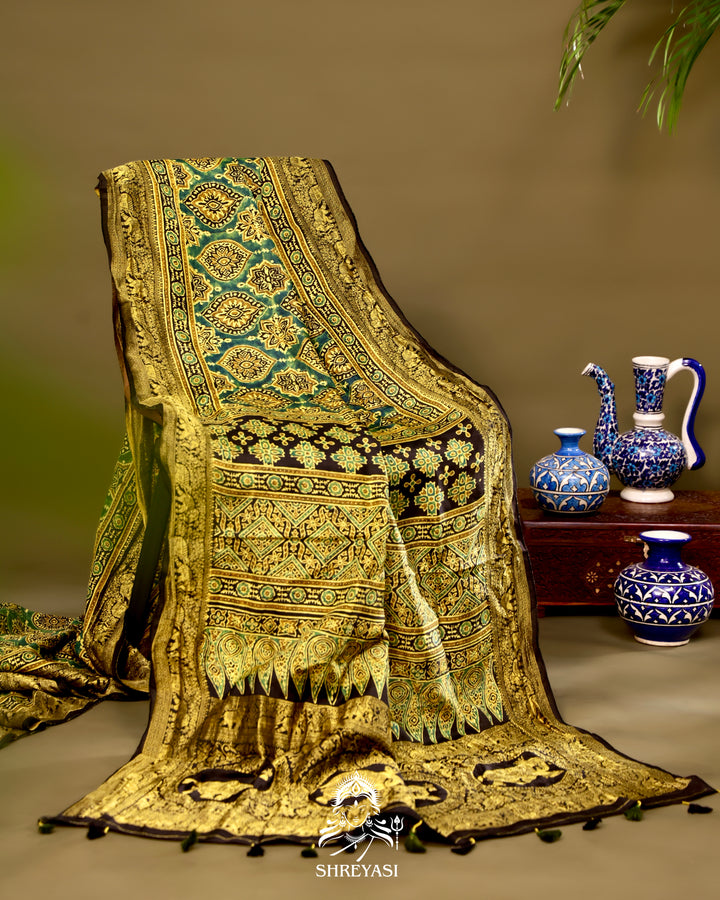 Hand Block Printed Ajrakh Dola Silk Saree with Zari Brocade Blouse