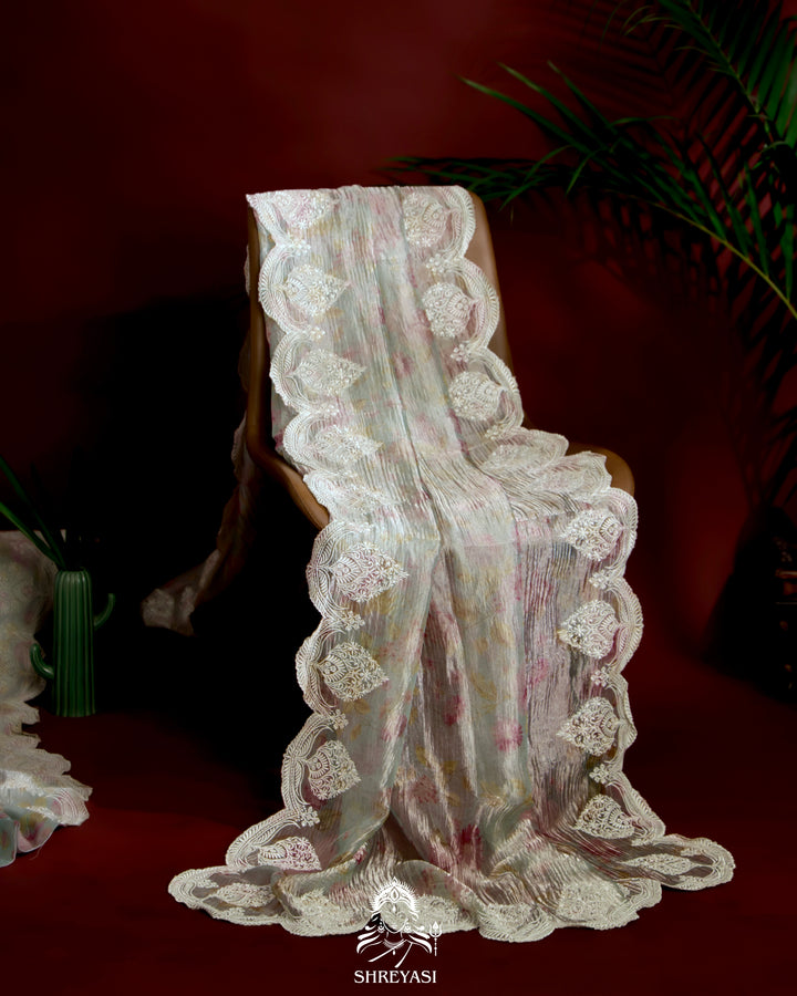 Pure Banarasi Crushed Tissue Saree with Scalloped Embroidery