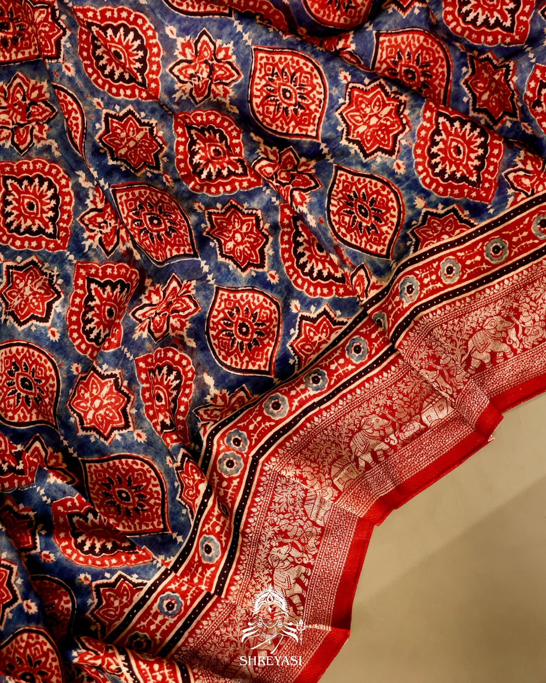 Hand Block Printed Ajrakh Dola Silk Saree with Zari Brocade Blouse