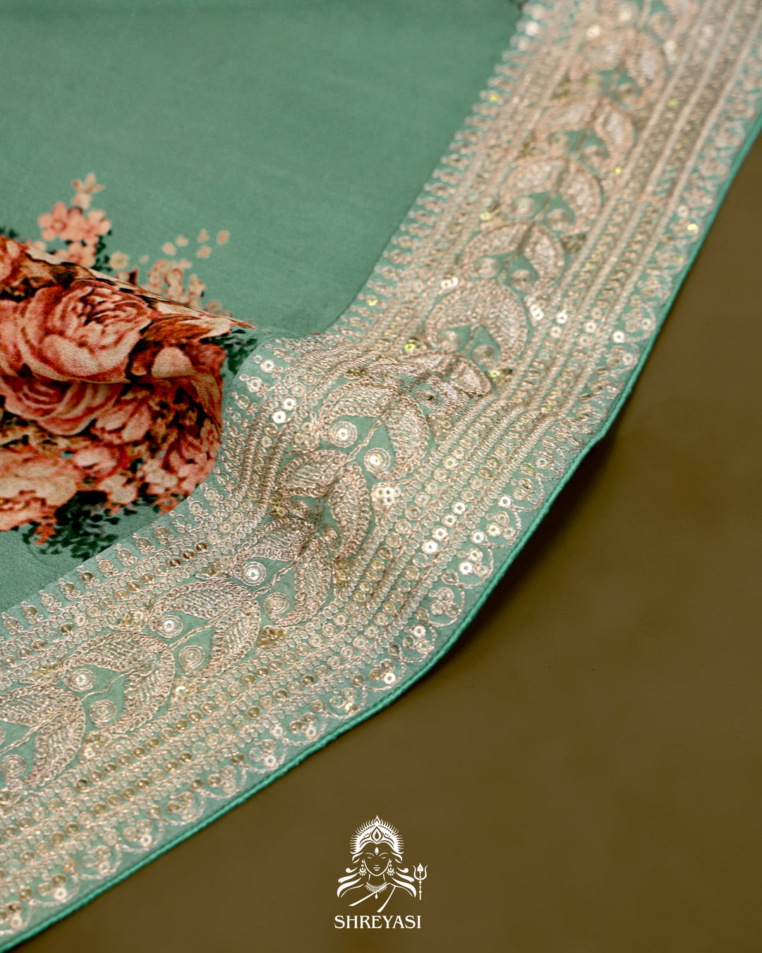 Crepe Satin Silk Saree with Floral Design and Embroidered Border