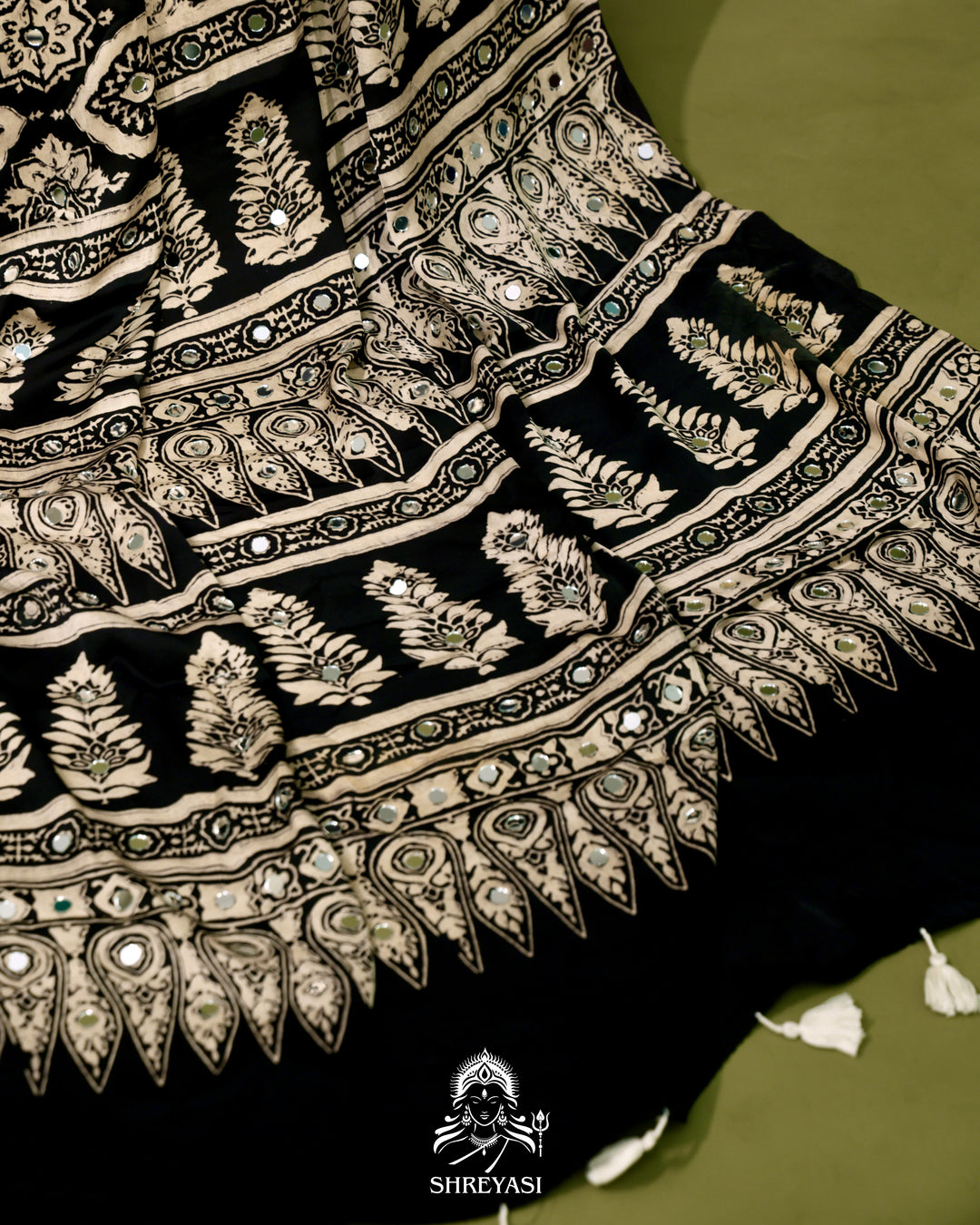 Ajrakh Hand Block Printed Pure Modal Silk Saree With Mirror Work