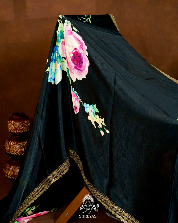 Pure Chinon Satin Saree with Floral Print and Embroidered Borders