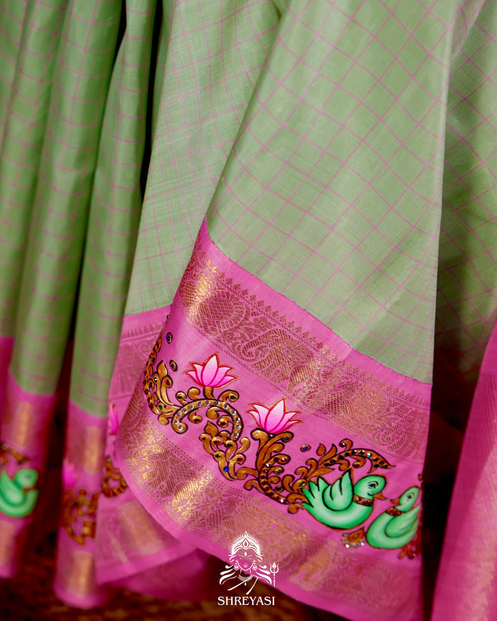 Handloom Pure Kanjivaram Silk Saree in Real Zari with Tanjore Annapakshi and Kamalam Artwork