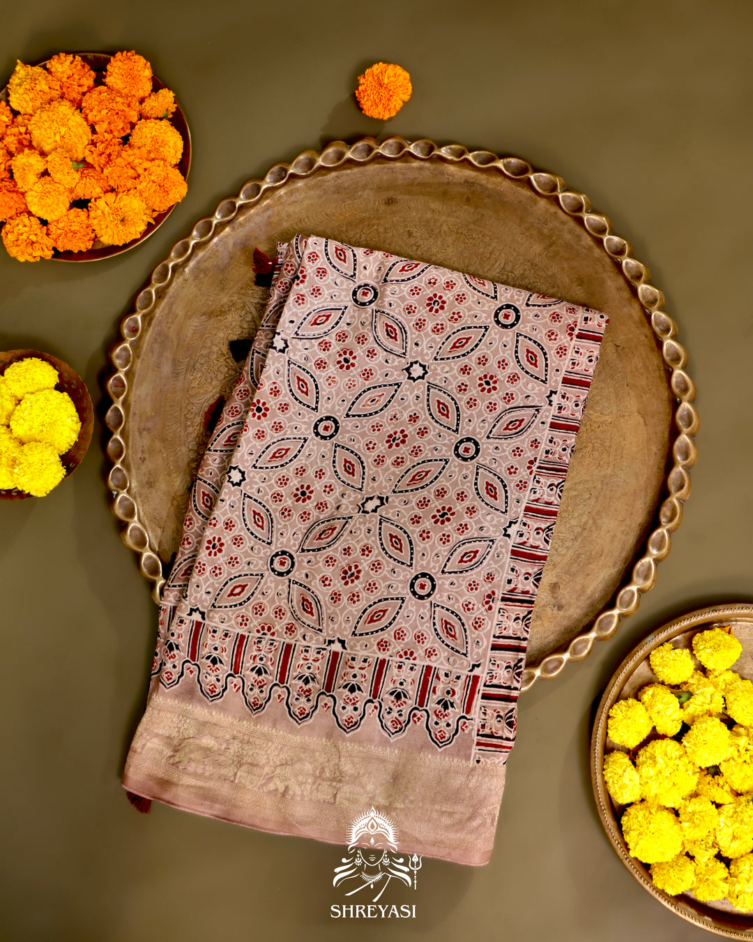 Hand Block Printed Ajrakh Dola Silk Saree with Zari Brocade Blouse