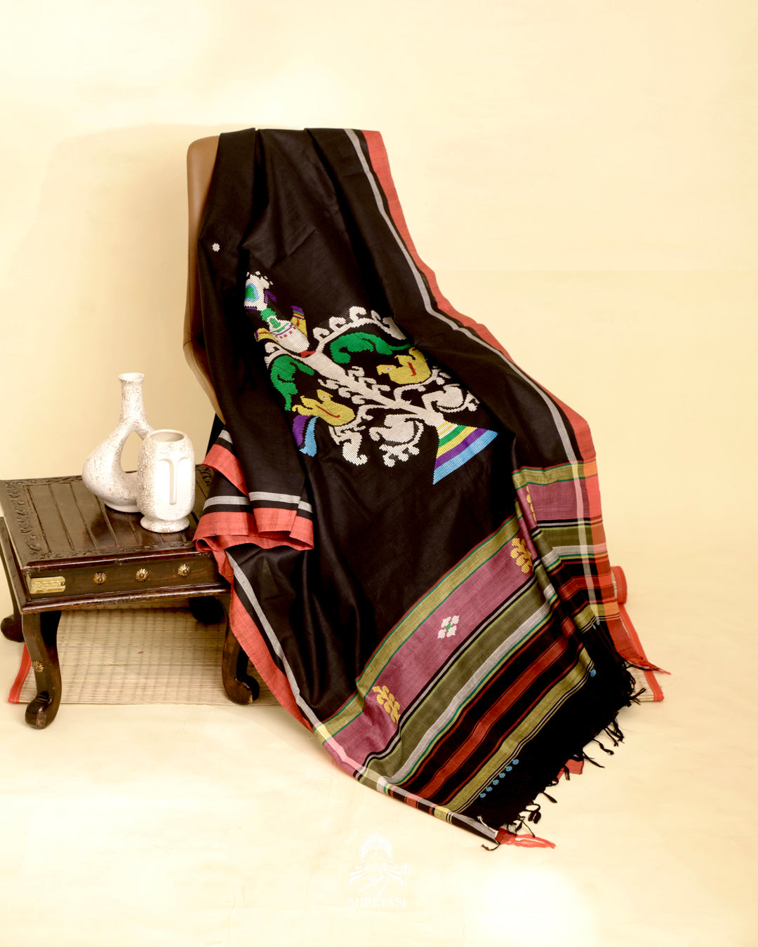 Handloom Bawan Buta cotton saree featuring traditional Jamdani woven motifs and contrast borders