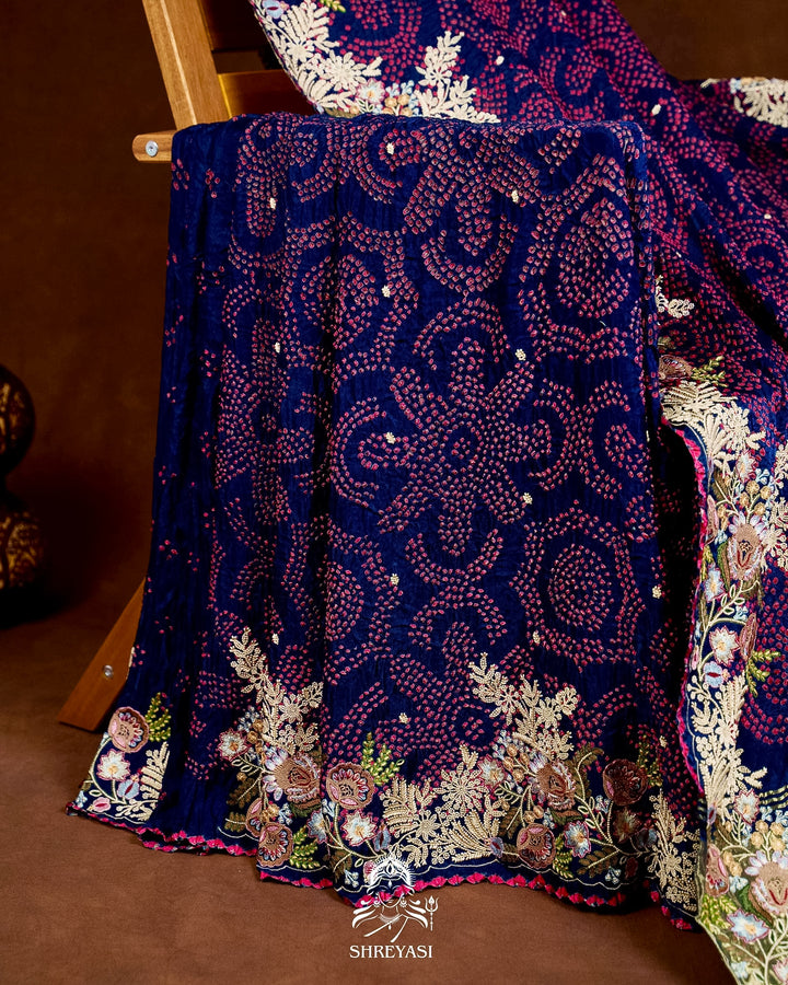 Handloom Pure Gaji Silk Bandhej Saree with Floral Embroidery