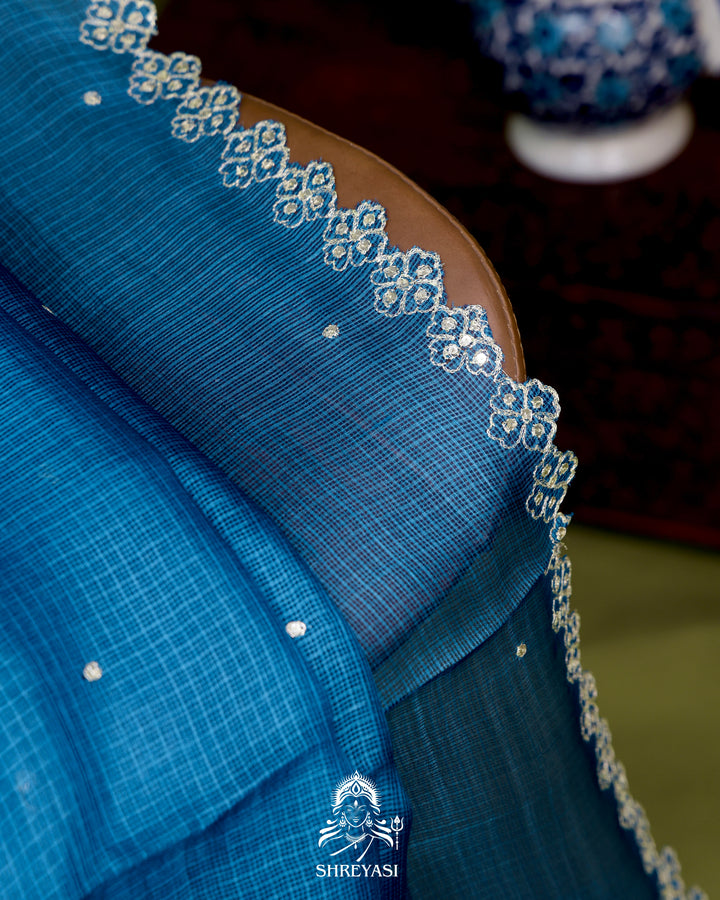 Handloom Pure Tussar Kota Saree with Scalloped Pitta Embroidery Border