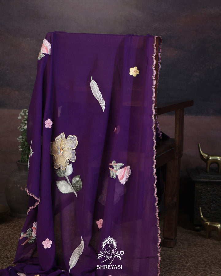 Handloom Pure Chiffon Saree with 3D Appliqué Embroidery