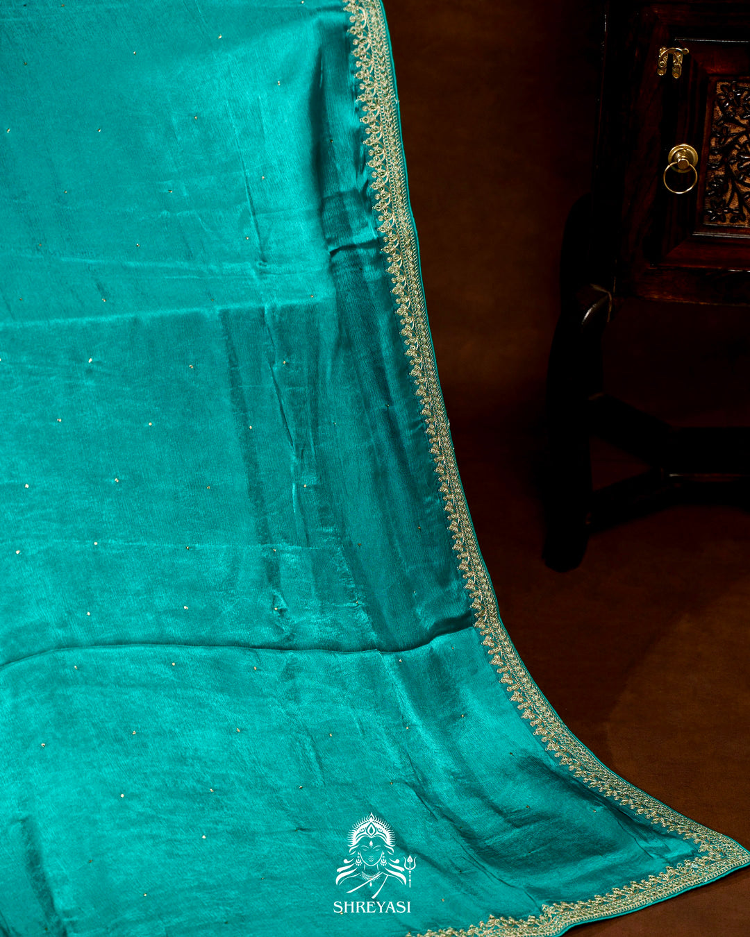 Pure Crepe Satin Saree with Embroidered Borders and Fully Embroidered Blouse