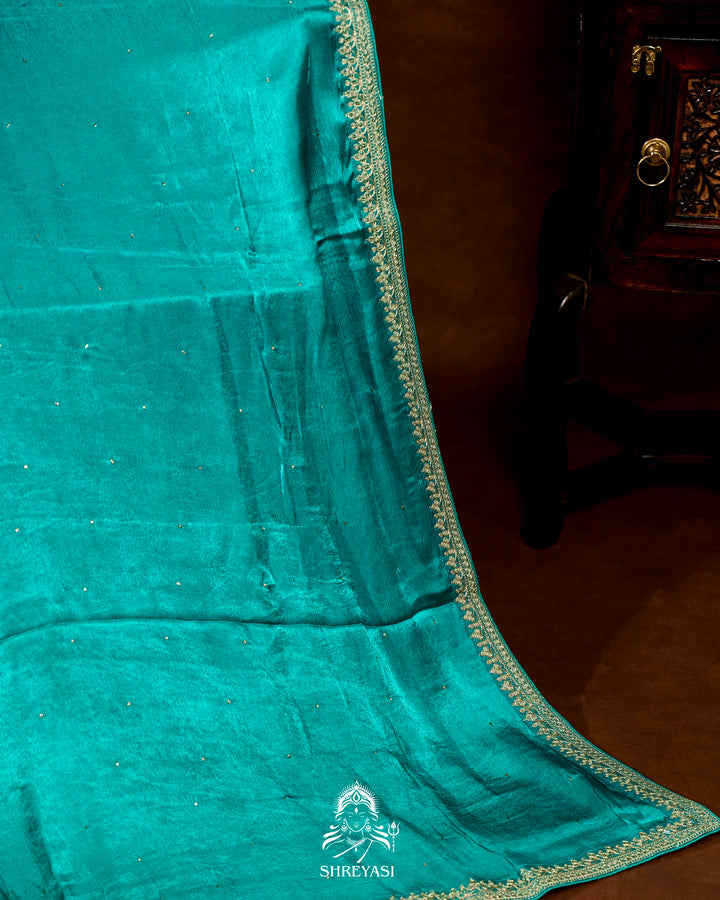 Pure Crepe Satin Saree with Embroidered Borders and Fully Embroidered Blouse