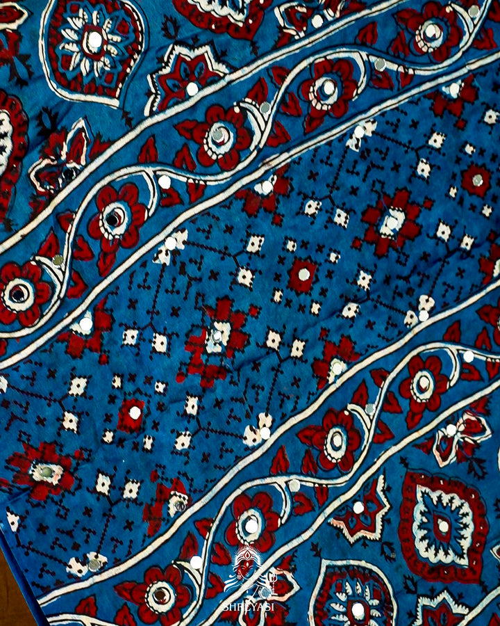 Mirror Work Pure Modal Silk Ajrakh Hand Block Printed Saree | Naturally Dyed Artisan Collection