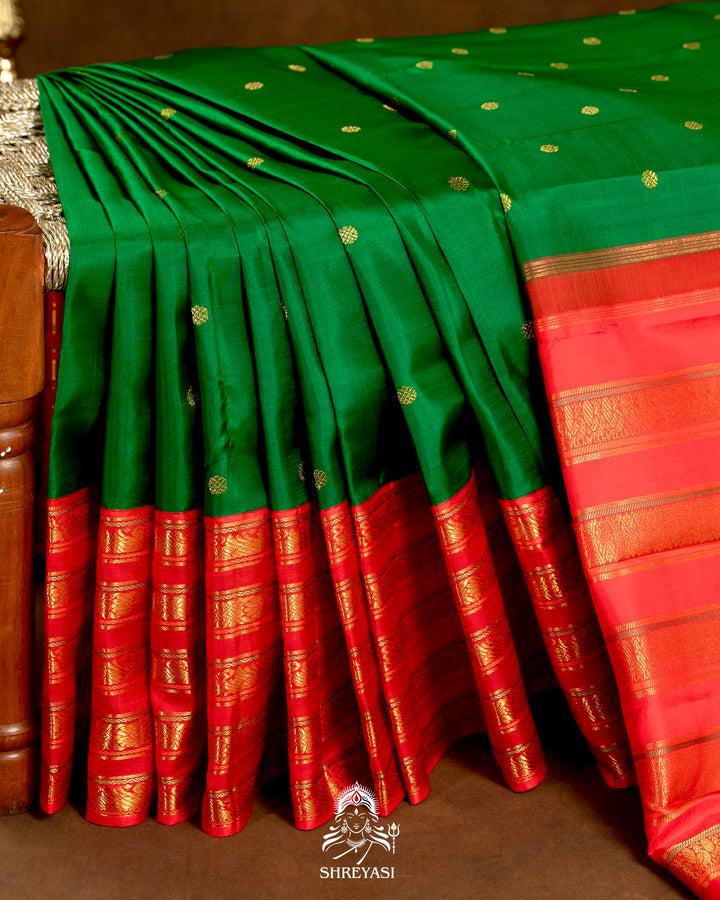 Handloom Pure Kanjivaram Silk Saree in Real Zari in Emerald Green with Kumkum Red Korvai Border