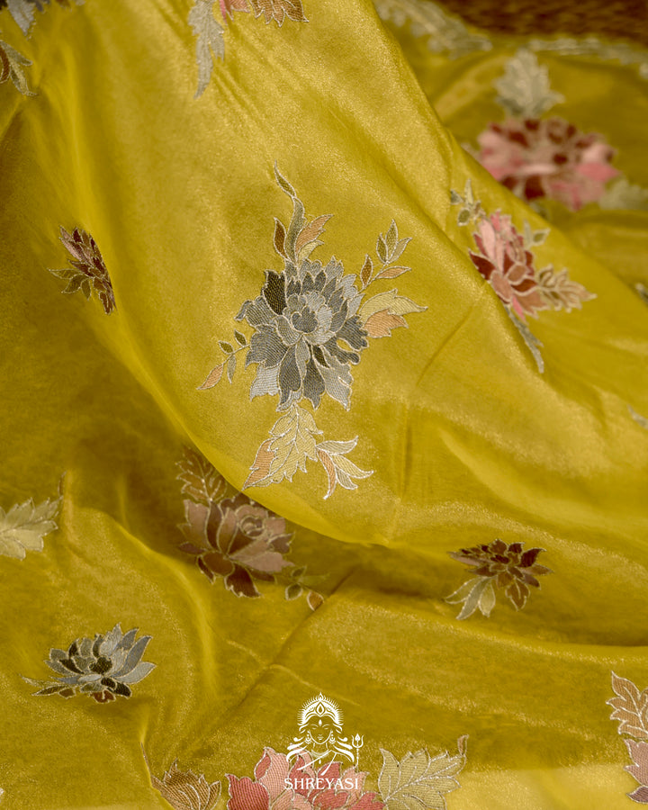 Pure Tissue Silk Saree with Floral Threadwork and Pita Embroidered Border