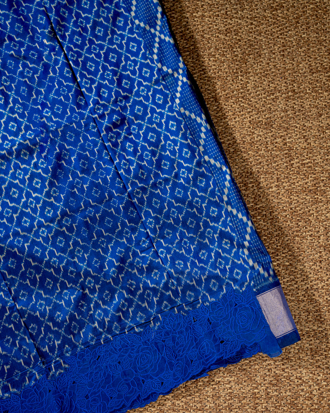 Handloom Pure Patola Silk Saree with Scalloped Floral Appliqué Embroidered Borders