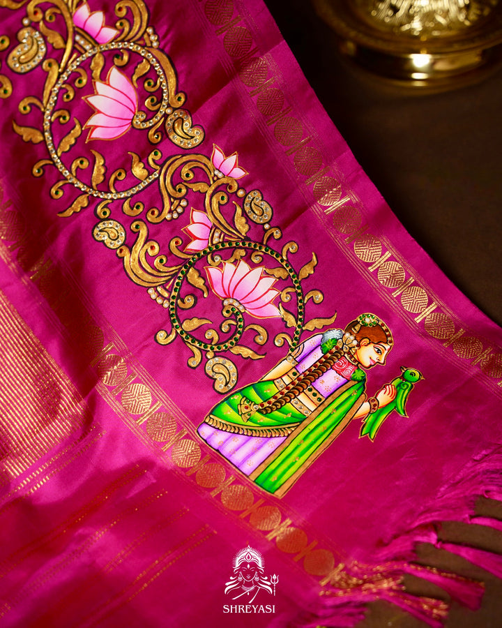 Traditional Tanjore Painting on Handloom Pure Kanjivaram Silk Sarees with Real Zari