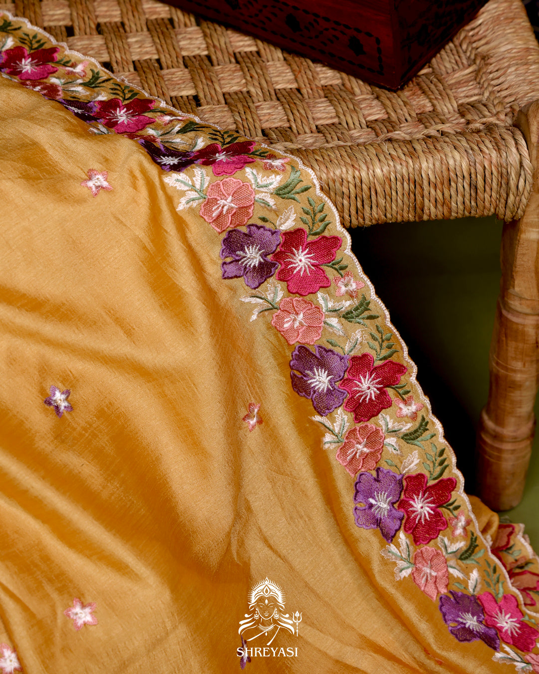 Tussar Silk Saree with Resham Floral Embroidery Border