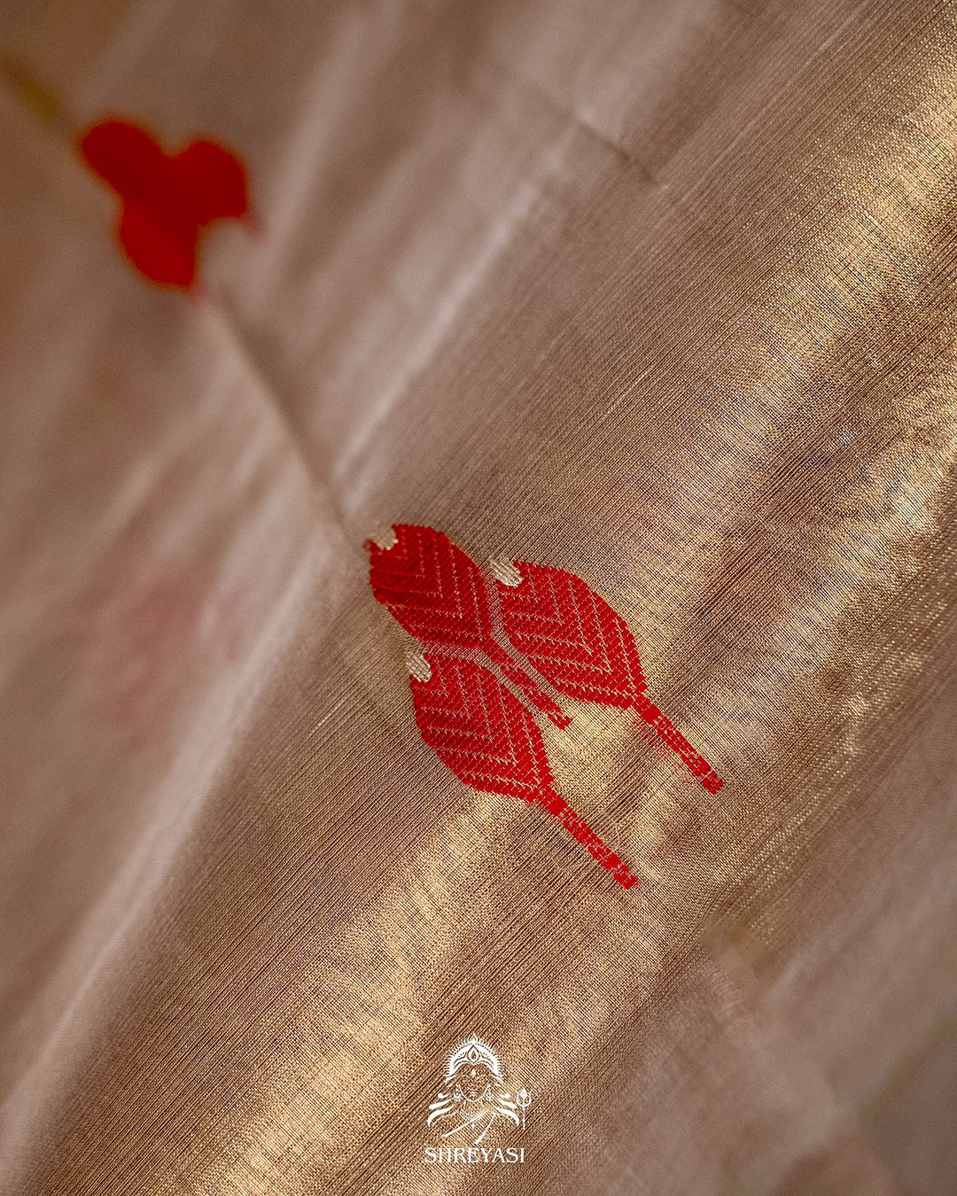 Handloom Pure Chanderi Tissue Silk Saree with Woven Bhutis and Striped Blouse