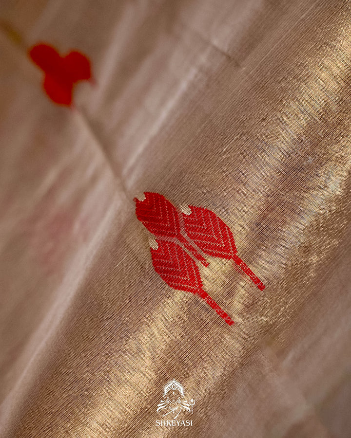 Handloom Pure Chanderi Tissue Silk Saree with Woven Bhutis and Striped Blouse