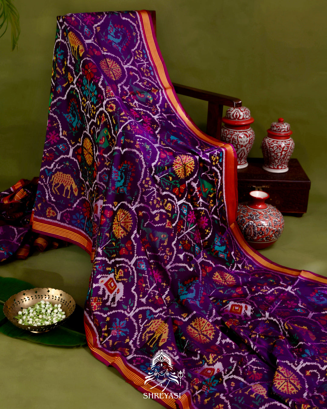 Handloom Rajkot Patola Silk Saree in Deep Violet with Multicolor Ikat
