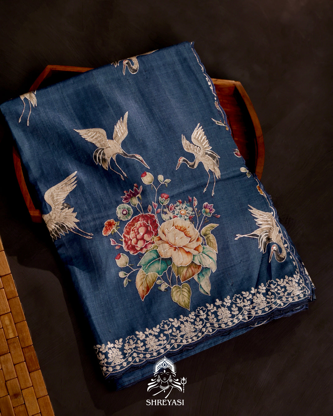 Handloom pure tussar silk saree in deep sapphire with digital floral prints and pita embroidery