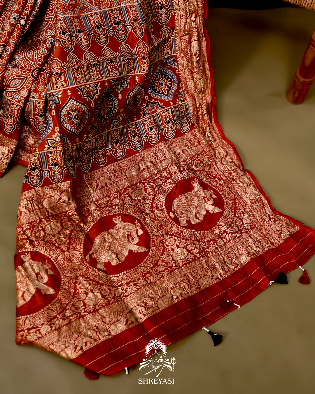 Hand Block Printed Ajrakh Dola Silk Saree with Zari Brocade Blouse