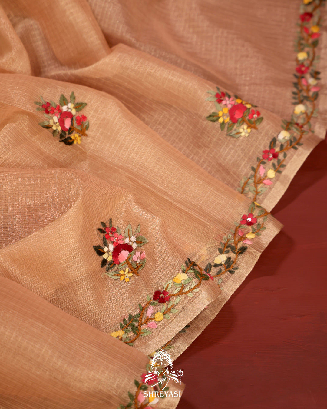 Tissue Linen Saree with Resham Floral Embroidery